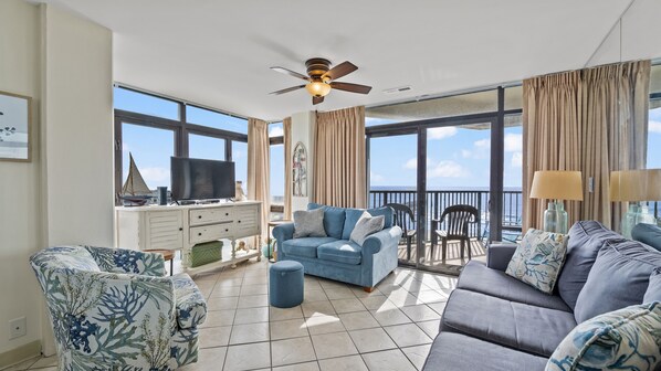 The ocean front living room is fabulous for movie night with the family.