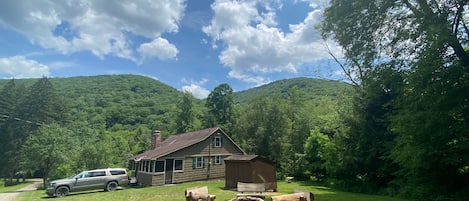 Property with shed and fire pit