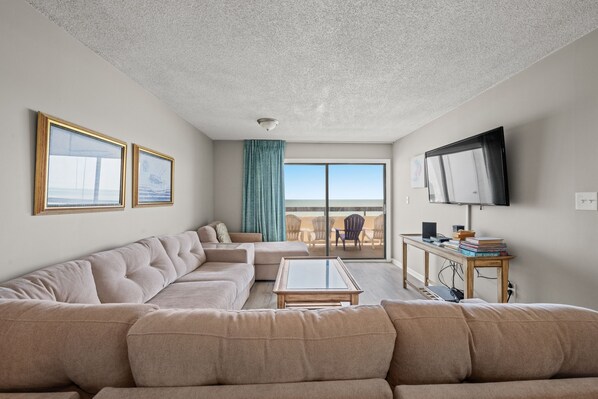 The ocean front living room is fabulous for movie night with the family.