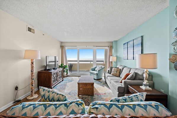 The ocean front living room is fabulous for movie night with the family.