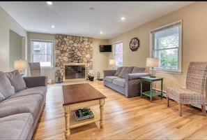 Living room, and fireplace.