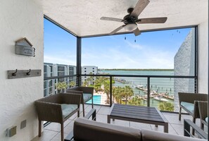 The private balcony is a prime location for watching passing boats and frolicking dolphins.