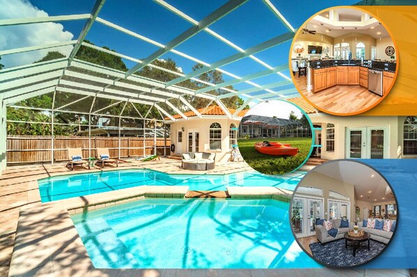 Stunning Lake house 4 bedroom 3 bath sleeps 14 Lake Tarpon with boat dock Kayaks, fishing, spa, pool in Citrus Florida