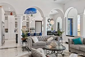 Living room, dining, and kitchen