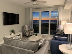 Living room with amazing Gulf views. 