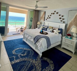 Primary King Bed. Sliding glass doors lead out to 30' x 8' balcony-views abound.