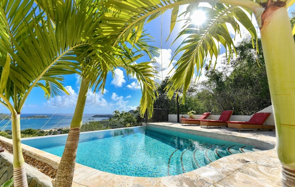 Pool area with stunning view on the bay