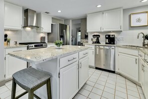 Fully equipped kitchen with every gadget we could think of, Kitchenaid Mixer, blender, keurig, coffee maker, spices, and more!