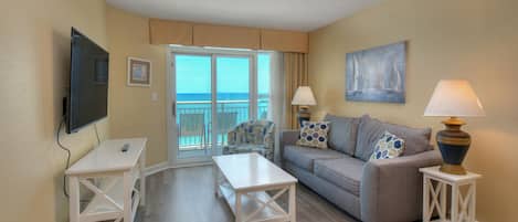 Have a family movie night in the oceanfront living room of Carolinian 930!