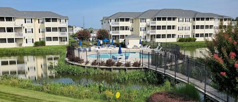 2nd floor 3 bedroom overlooking the pond and pool.