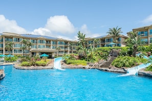 lazy river pool with two slides