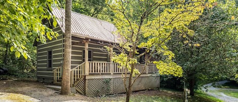 Area to the left of cabin is where you'll park! Main driveway is SHARED