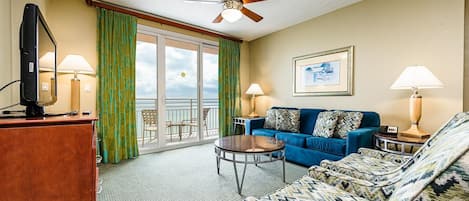 Comfortable living room with an amazing direct ocean front balcony