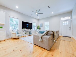 Stylish front room and entry way.