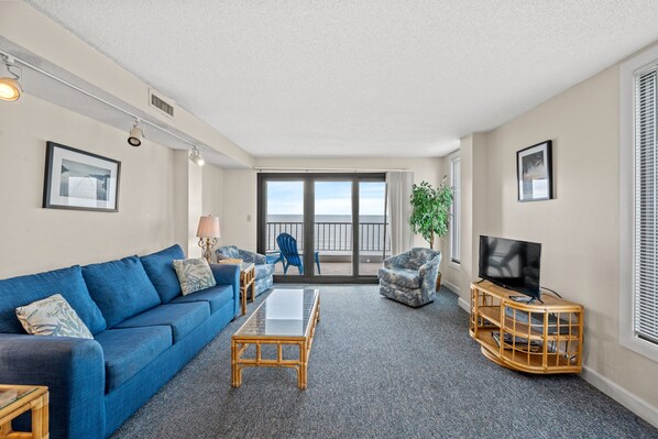 The ocean front living room is fabulous for movie night with the family.