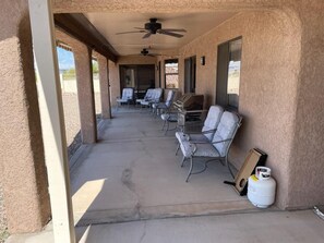 Patio, plenty of furniture, games, bbq and extra propane.