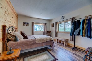 Pillowtop mattress queen bed with nature right outside the window
