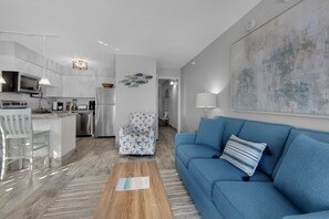 Living Area with Queen Sleeper couch-Open Concept into Kitchen