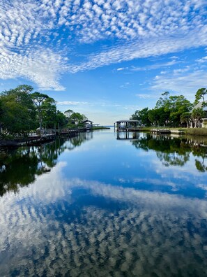 View of the bay from your private dock with rooftop sun deck underway! 