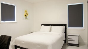 Queen bed, two matching nightstands with drawers and 100% cotton linen