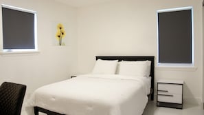 Queen bed, two matching nightstands with drawers and 100% cotton linen