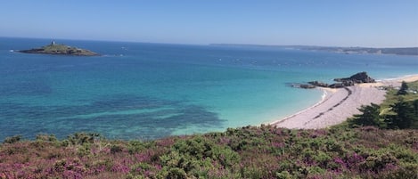 Vue de l'îlot Saint-Michel depuis la falaise, à 30m du chalet