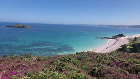 Vue de l'îlot Saint-Michel depuis la falaise, à 30m du chalet