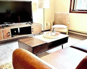 Living room with leather couch, coffee table, entertainment center with Roku TV