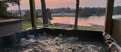 View from large hot tub with light.