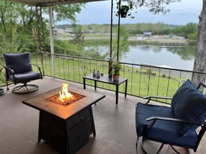 Gas fire table on back deck and gas bbq 