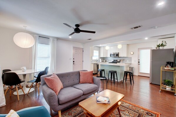 Open concept kitchen/living area with lots of space to relax, or work remotely