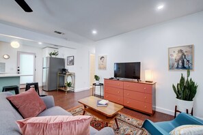 Our Austin home features TVs with AppleTV and Netflix for your viewing enjoyment