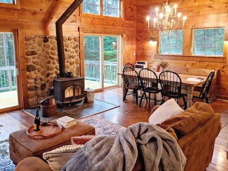 Our mountain house features an open layout between the kitchen, dining and living spaces.