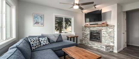 comfortable living room with lovely fireplace