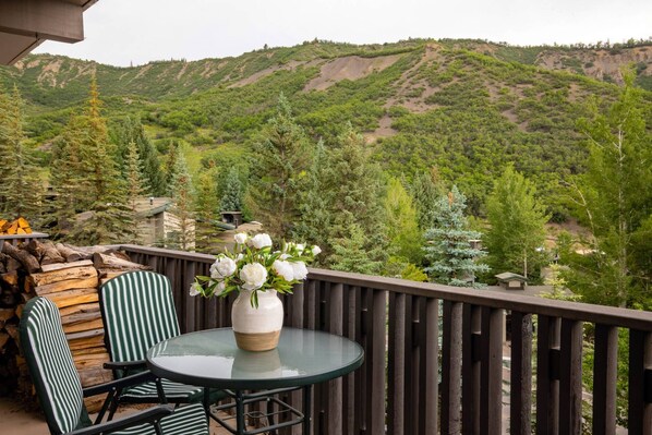 The balcony is stocked with wood for the fireplace, a cozy dining spot and gas grill.  Beautiful scenery surrounds the property.