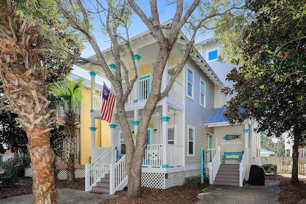 Touches such as outdoor shower, 2-story front decks and 3rd floor tower room.
