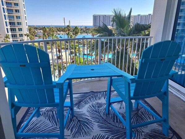 The view from our balcony with new patio furniture