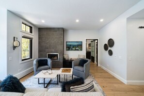 Living room with fireplace and pull out sofa