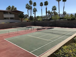 2 tennis courts, one with pickle ball lines