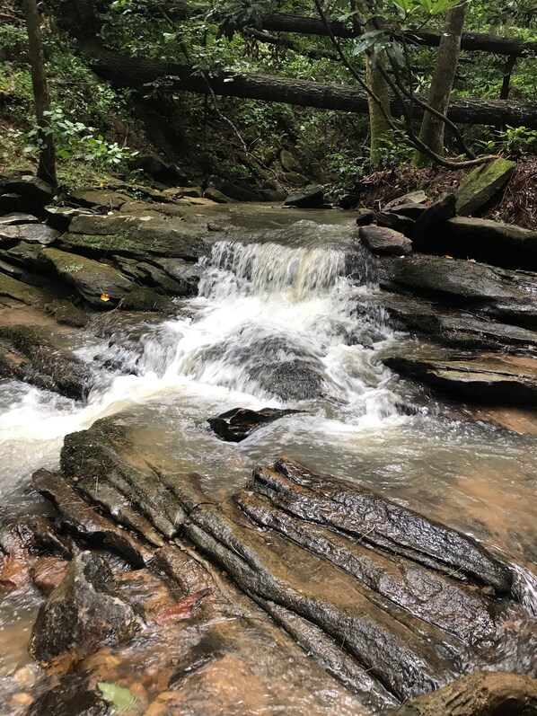 rushing waterfalls behind the house