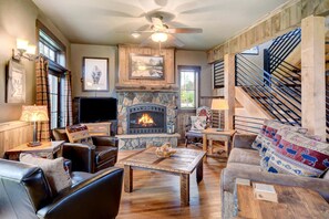 Large main living with gas fireplace
