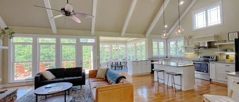 Kitchen, living, and dining areas with great open floor plan and beautiful views