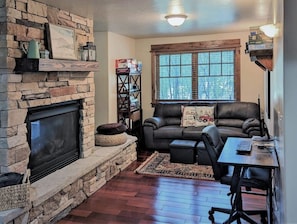 View of indoor gas fireplace, family room, and lounge area