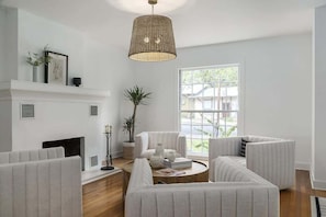 Modern seating area with natural tones and soft lighting