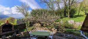 La terrasse en pierre à l'arrière de la maison avec son bbq