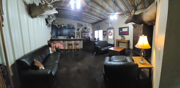 Great room, features Texas funky "Man Cave" decor.  Rusty Tin ceiling. 