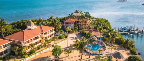 Surrounded by water, protected by mangroves; steps to the pool, palapa, docks.