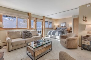 Living room with wood-burning fireplace