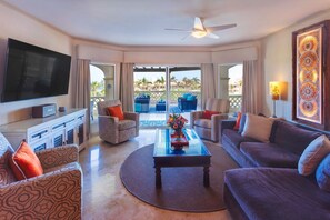 Living Room with updated TV and seating. 