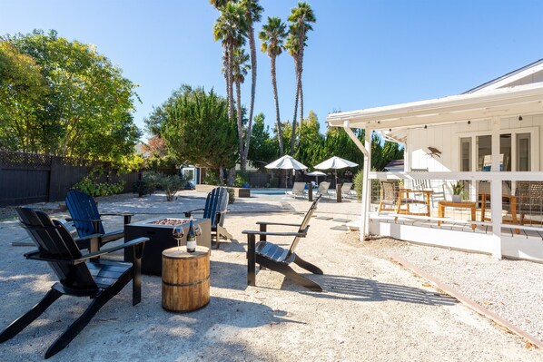 *Sunset happy hour at the fire pit is our favorite. Wine, cheese, bocce and pure relaxation as the sun sets over the Los Alamos hills.